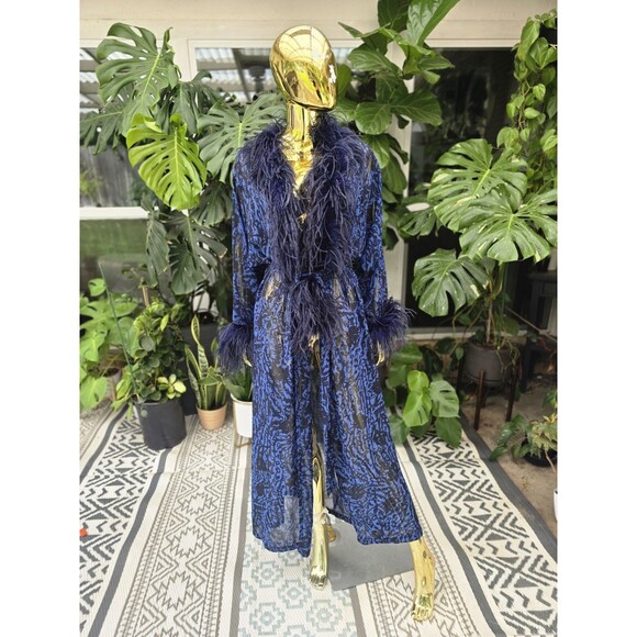 Victoria’s Secret Collection Sheer Blue Feather Trim Long Robe Glam S - Picture 1 of 10